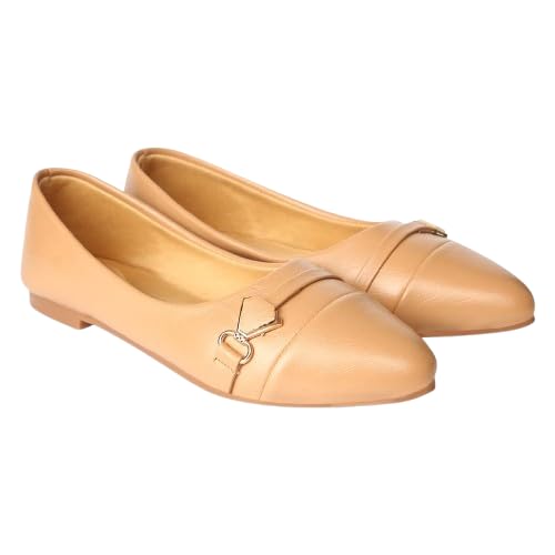 Women's Ballet Flats with Gold-Tone Buckle Detail | Elegant Slip-On Ballerina Shoes for Women | Comfortable Round Toe Flat Footwear for Office-image-7