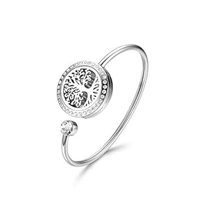 Cupimatch Adjustable Tree of Life Essential Oil Diffuser Bracelet, Stainless Steel CZ Aromatherapy Locket Bangle 8 Color Pads Jewelry Set for Women Girl Gifts