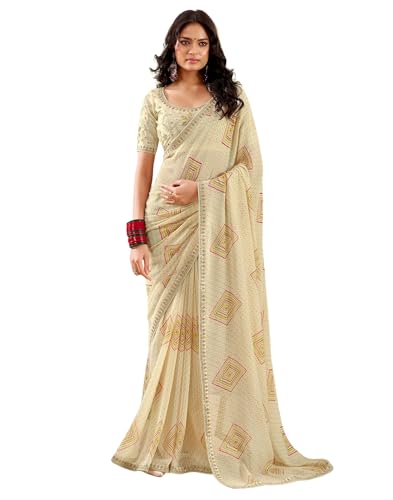 Image of SIRIL Women's Georgette Bandhani Printed, Embroidery Lace Saree With Unstitched Blouse Piece