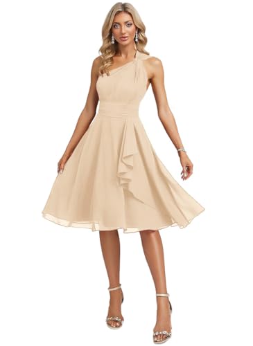 Short Bridesmaid Dresses for Women 2025 A Line Ruched Ruffles Chiffon One Shoulder Formal Dress with Pockets