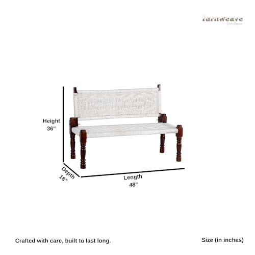 Image of Srima Wooden Bench for Living Room | Handcrafted Sheesham Wood Backrest Bench for Balcony & Garden | Traditional Rajasthani Patio for Outdoor with Cotton Handwoven Rope | White
