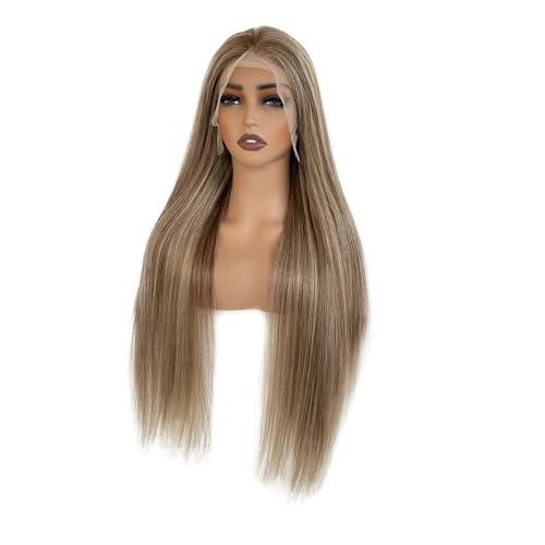 Image of 28 Inch Ombre Brown Highlight Lace Front Wigs Human Hair Balayage Brown with Ash Blonde Highlights Brazilian Raw Human Hair 13x6 HD Frontal Wig Pre Plucked 180% Density Glueless Wigs for White Women