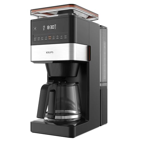 Krups Grind Aroma XL KM842810 Cafetera de filtro, mecanismo de cono extraíble, panel de control digital, capacidad XL (1,5 L), función de conservación del calor, jarra de cristal, color negro y acero