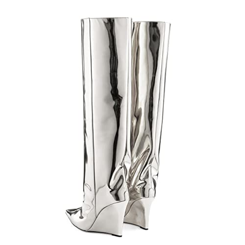 Arqa Liquid Metallic Knee High Boots Pointed Toe Shiny Chrome Wedge Heel Boot Pull-on Tall Boots4