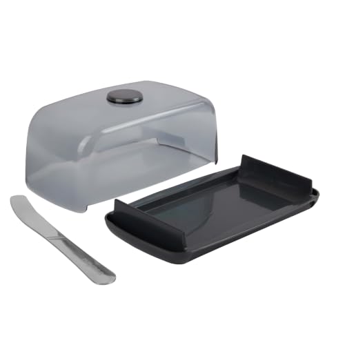 Image of Nayasa Smart Transparent Butter Dish with Lid & Butter Knife | BPA-Free Food Grade Plastic Butter Storage Container | Easy to Clean Butter Keeper for Butter, Cheese & Table Serving | Grey