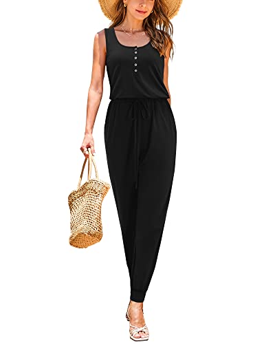 Styleword Womens Summer Casual Jumpsuit Rompers Dressy Drawstring Elastic Waist Button With Pockets(Black,Xl) #TOP28