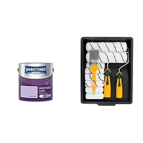Johnstone's - Washable Paint - Sweet Lavendar - Matt Finish - Emulsion Paint -12m2 Coverage per Litre - 2.5L & Coral 10501 Paint Kit with Headlock and Mini Roller Frame and Hybrid Brush, Set of 12 pcs