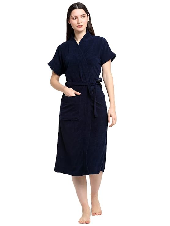 Image of Premium Micro Terry Half Sleeve Free Size Unisex Adult Bathrobe with Front Pocket - Navy Blue