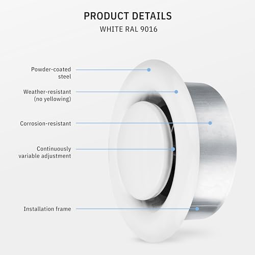 Image of TVSA 4 Inch AC Vent Cover Round Adjustable Steel Air Vent Deflector Inline Bathroom Air Duct Vent Cover Grille Exhaust White RAL 9016 HVAC