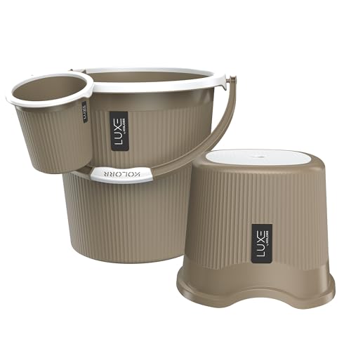 Image of KOLORR Luxe Bathroom Set (Bucket 25L x 1) + (Mug 1.5L x 1) + (Luxe Patla x 1)|Sturdy and Durable |Lightweight| Easy to Clean and Attractive Design|Pack of 3|Ratan LT Brown