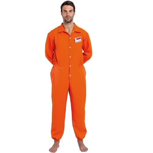 Spooktacular Creations Herren Gefangener Kostüm, Insasse Jailbird Sträfling Orange Overall mit Namensschild (X-Large, Orange)