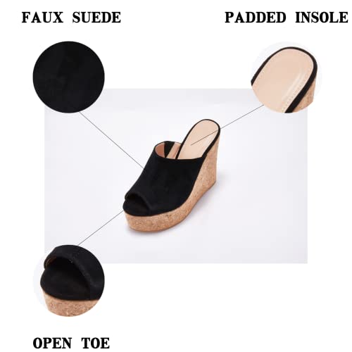 Laicigo Womens Wedge Platform Slide On Sandals Open Toe Cork Faux Suede Dress Summer Slippers Shoes (7 B(M) Us, Black) #TOP3