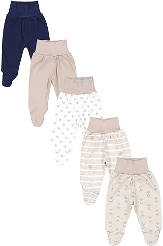 TupTam Baby Unisex Hose mit Fuß Bunte 5er Pack, Farbe: Fuchs Beige Sterne Streifen Weiß Dunkelblau, Größe: 62