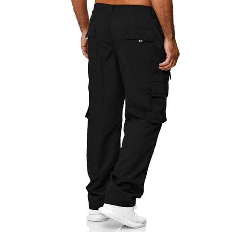 Hawyet Casual Cargo Pants for Men Solid Color Elastic Waist Multi Pockets Loose Fit Straight Leg Outdoor Work Pants3
