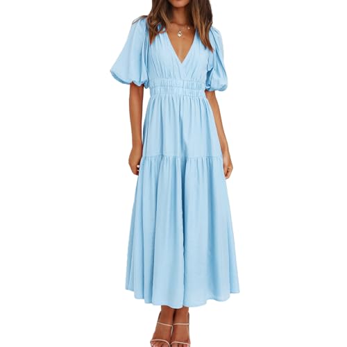 Image of 2025 Summer Deep V Neck Casual Dresses for Women Elegant Flowy Midi Dress Wedding Guest Dress