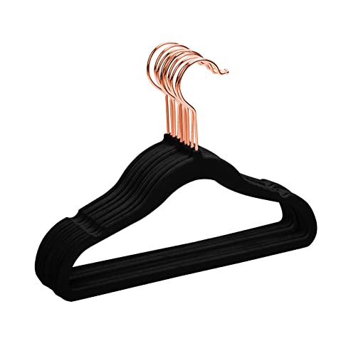 Image of MIZGI Premium Kids Velvet Hangers (Pack of 50) with Copper/Rose Gold Hooks,Space Saving Ultra Thin,Non Slip Baby Hangers for Children's Skirt Dress Pants,Clothes Hangers（Black