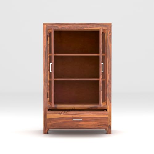 Image of SUNCOM Solid Sheesham Wood Sideboard Cabinet for Livingroom & Home Furniture - Wooden Cabinet with 2 Glass Doors & 1 Big Drawers for Storage - Designed to Display. Built to Store (Natural Finish)