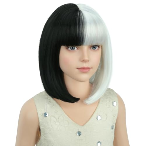 Image of PATTNIUM Black and White Bob Wig for Kids Girls Short Straight Wig with Bangs Cosplay Party Synthetic Rose Net Daily Wear Wig