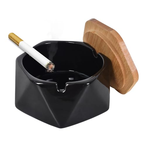 Cenicero de Cerámica de Estilo Nórdico con Tapa, Resistente al Viento, para Exteriores, Hogar, Oficina, bar, Cafetería, Decoración （Nigra）