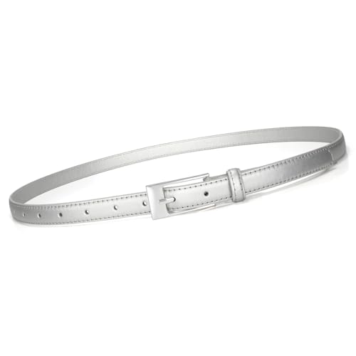 VONMELLI Thin Belts for Women Skinny Leather Sliver Belt Women for Dress Jeans Fashion Waist Belt with Sliver Buckle S
