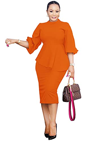 Ekaliy Damen Bleistiftkleid mit Rüschenärmeln, Vintage, figurbetont, Schößchen, Business, Orange, X-Groß
