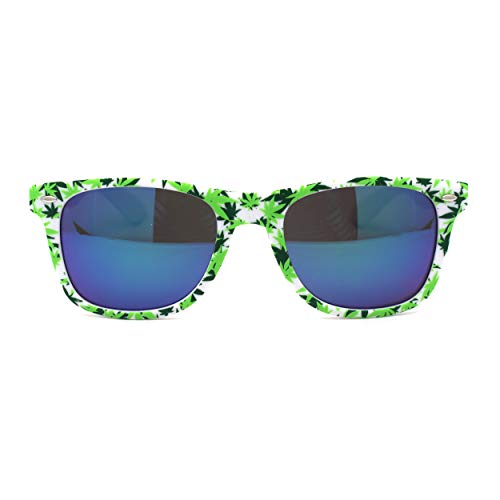 Image of Marijuana Pot Leaf Print Hipster Horn Rim Plastic Retro Sunglasses