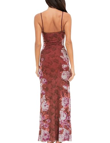 Image of Womens Sexy V Neck Satin Maxi Dresses Spaghetti Strap Floral Print Dresses Slim Fit Elegant Long Dresses Night Party Outfits