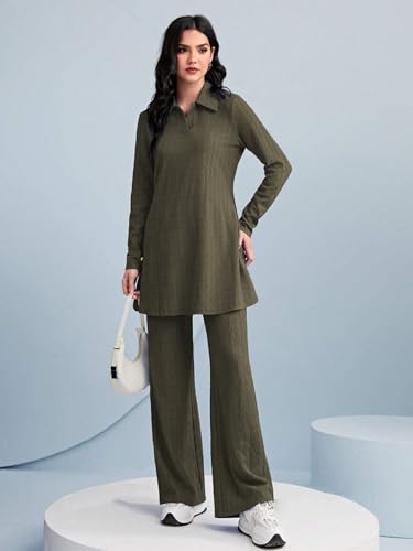 Image of TADKEE Women's Solid Color Two-Piece Set | Long Sleeve Top & Wide Leg Pants Co-ord Set | Casual Wear Co ord Set