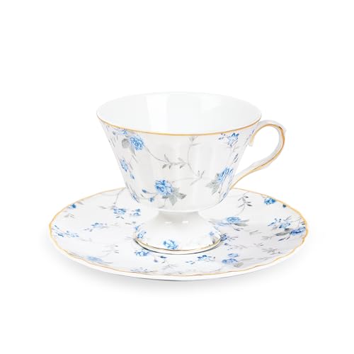 fanquare Bone China Tasse und Untertasse Set, Blau Kleine Rose Blumen...