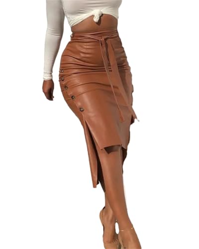 Women's Autumn Winter Mid-Length PU Leather Pencil Skirt High Waist Slim Silhouette Euro American Style Bodycon Skirt