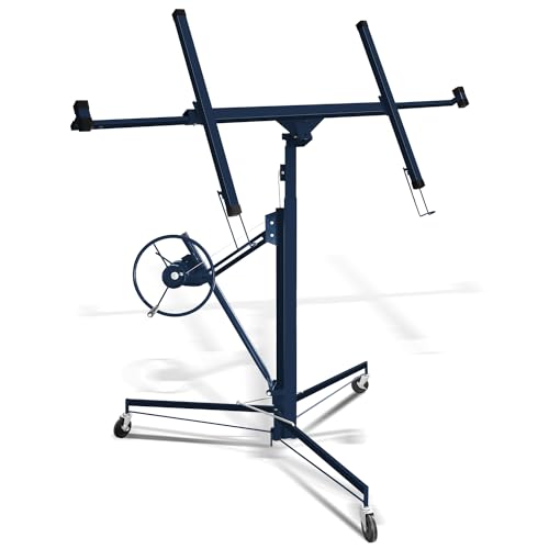 Peviasot Plattenheber Klappbar, höhenverstellbar 140cm-350cm Arbeitshöhe, 3 Räder mit Feststellbremse, Max 290cm Lastarmbreite, 68kg Traglast, Montagehilfe für Trockenbau und Terrassenplatten, Blau