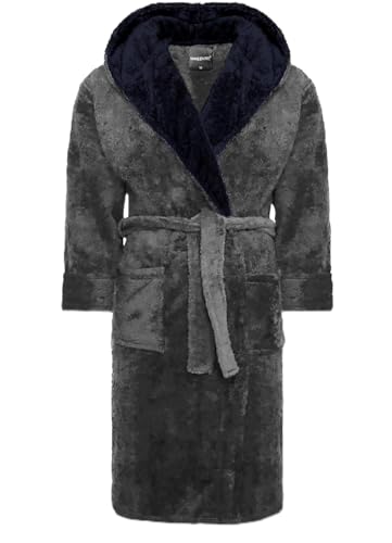 SnuggleME Dressing Gowns for Men | Super Soft Snuggle Hooded Dressing Gown | Men's Warm and Cozy Fleece Nightwear Robe | Gifts for Him L CHARCOAL/black