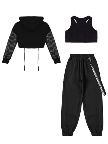 3Pcs Kids Girls Hip Hop Dance Outfit Hooded Vest with Tank Top Sweatpants Jogging Suits4