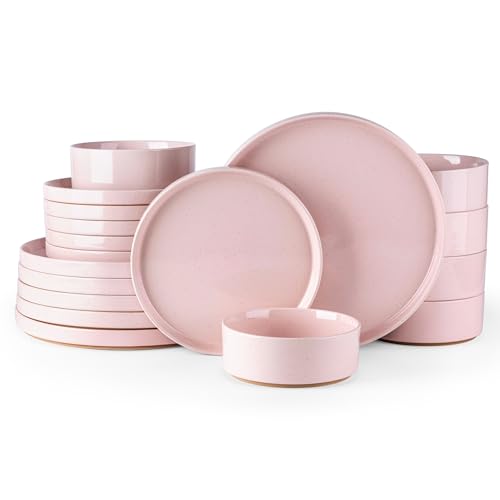 Image of AmorArc Ceramic Dinnerware Set for 6 | Speckled Stoneware Plates and Bowls with Rustic Terracotta Underside| Scratch Resistant,Dishwasher & Microwave Safe Dishes Sets- 18pcs Pink