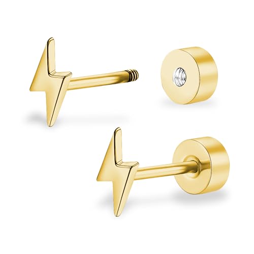 ZDE Titanium Women Flatback Earrings Celestial Lightning Bolt Stud Earrings 5mm Flat Back CZ Earrings Hypoallergenic Cartilage Flatback Earring Tragus Helix Tragus Conch Piercing