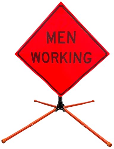 Image of OrangeGear 36 inchx36 inch Men Working Mesh Sign & Steel Spring Stand | MUTCD TTC compliant orange mesh roll-up sign kit with fiberglass cross ribs and single-spring steel stand.