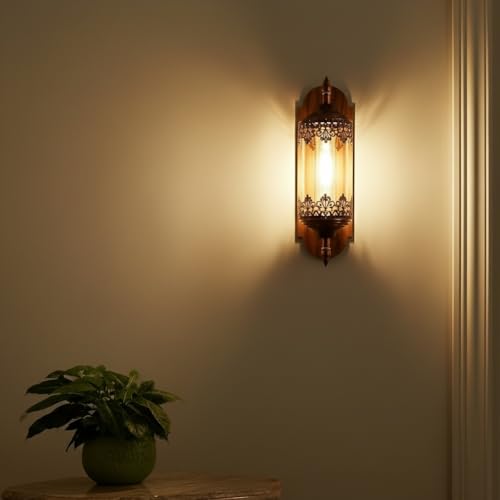 Image of Keylus Antique Wall Light for Living Room Bedroom Corridor, Moroccan Lantern Style Metal & Glass Wall Sconce, (Bilb Not Included),Pack of 2