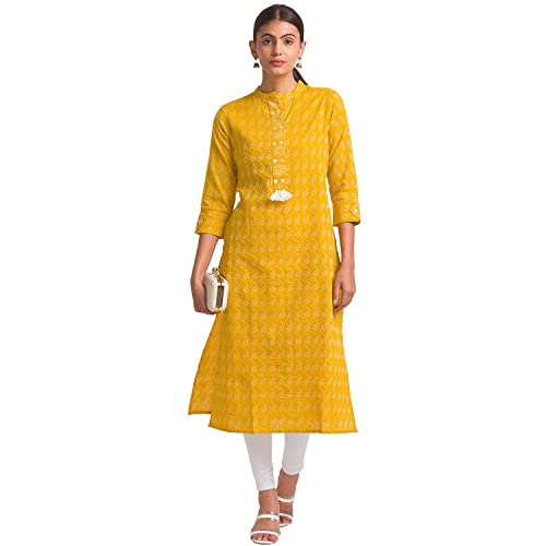 Image of Globus Women Green Woven Design Mandarin Collar Straight Kurta-3638025001