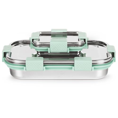 Image of Borosil Stainless Steel Slim Lunch Box | 700 ml + 125 ml Container Set | Airtight, Leakproof, Dishwasher Safe | Portable Kids Tiffin | 1 Year Warranty (Green)