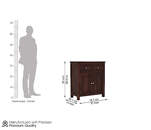 Image of Solid Sheesham Wood Wooden Sideboard Storage Cabinet : Ideal for Living Room and Bedroom with 2 Drawers and 2-Shelf Storage (Clovis, Walnut Finish)