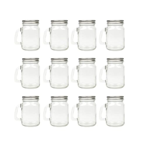 Homelike Style 4 oz Mini Mason Jar Mugs with Handle, Small Glass Jars with Airtight Metal Lids, 12 Pack Empty Glass Mugs for Gift Party Wedding Candle and Favor
