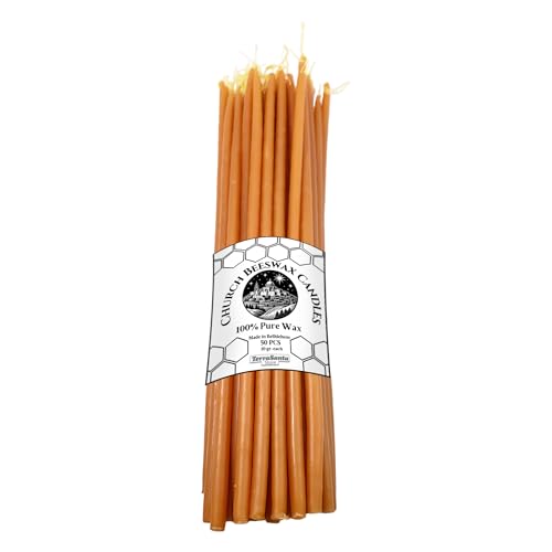 50pcs Pack of Holy Pure Beeswax Tall Thin Taper Candles Smoke-Less for Church Religious Devotional Prayer Vigil Altar Ritual Memorial Easter Kulich Home Decor from Holy Land Bethlehem 11