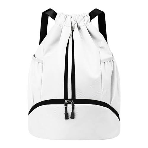 Image of JELUTAR Drawstring Backpack Gym Bag with Shoes Compartment, White | Water-Resistant String Backpack for Soccer, Basketball, Swim, Beach Cinch for Women Men, 22 L Large Capacity, Wet Pocket