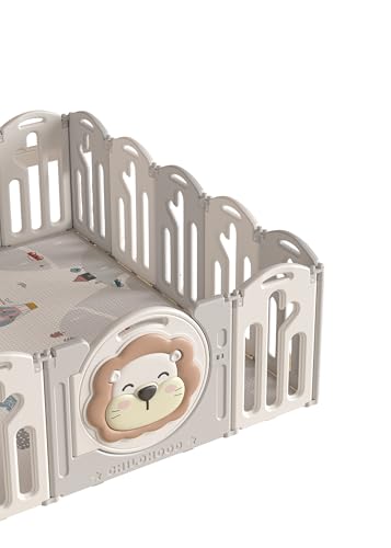 Image of 46 Sq Ft Extra Large Baby Playpen | Lion-Themed 20-Panel Play Yard with Soft Mat & Basketball Hoop | Indoor /Outdoor Toddler Fence | Grey-White | ISO & CE Certified