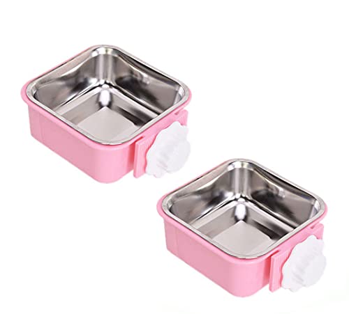 Fuwok 2-in-1 ciotola per cani rimovibile per casse cucciolo mangiatoia acqua piatto con supporto per bulloni, ciotola da appendere in acciaio inox, 2 pezzi (piccolo – quadrato, rosa)
