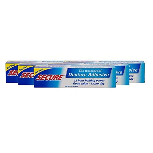 Secure Waterproof Denture Adhesive - Zinc Free - Extra Strong Hold For Upper, Lower or Partials - 1.4 oz (Pack of 5)