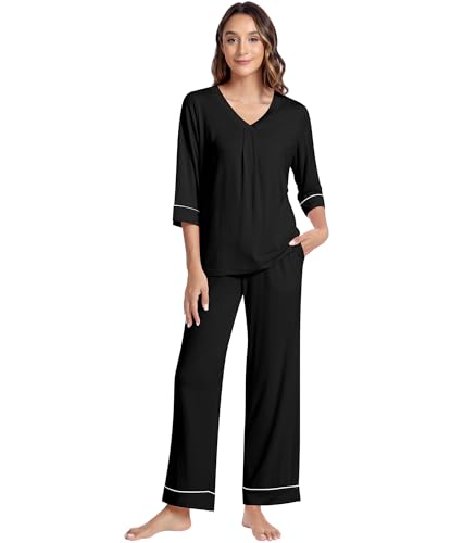 NACHILA Women's Pajamas Set 3/4 Sleeves Pjs V Neck Sleepwear Soft Loungewear with Wide Leg Pants, Viscose Made from Bamboo