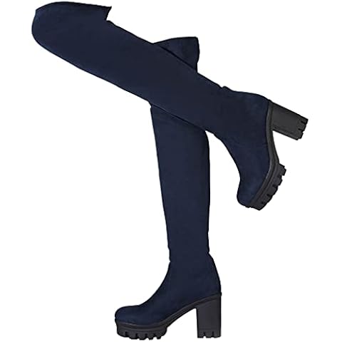 KISSASA Womens Faux Suede Platform Thigh High Stretch Chunky Over The Knee Heeled Boots Size 3.5UK,Navy Blue Cover