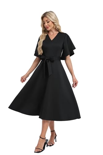 Image of DNFUN Women's Cocktail Dresses 2025 Formal Wedding Guest Church Modest Christmas Party Prom Dress Black