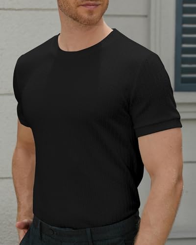 Men's Ribbed Knit T-Shirts Short Sleeve Casual Crewneck Slim Fit Textured Pullover Tees4